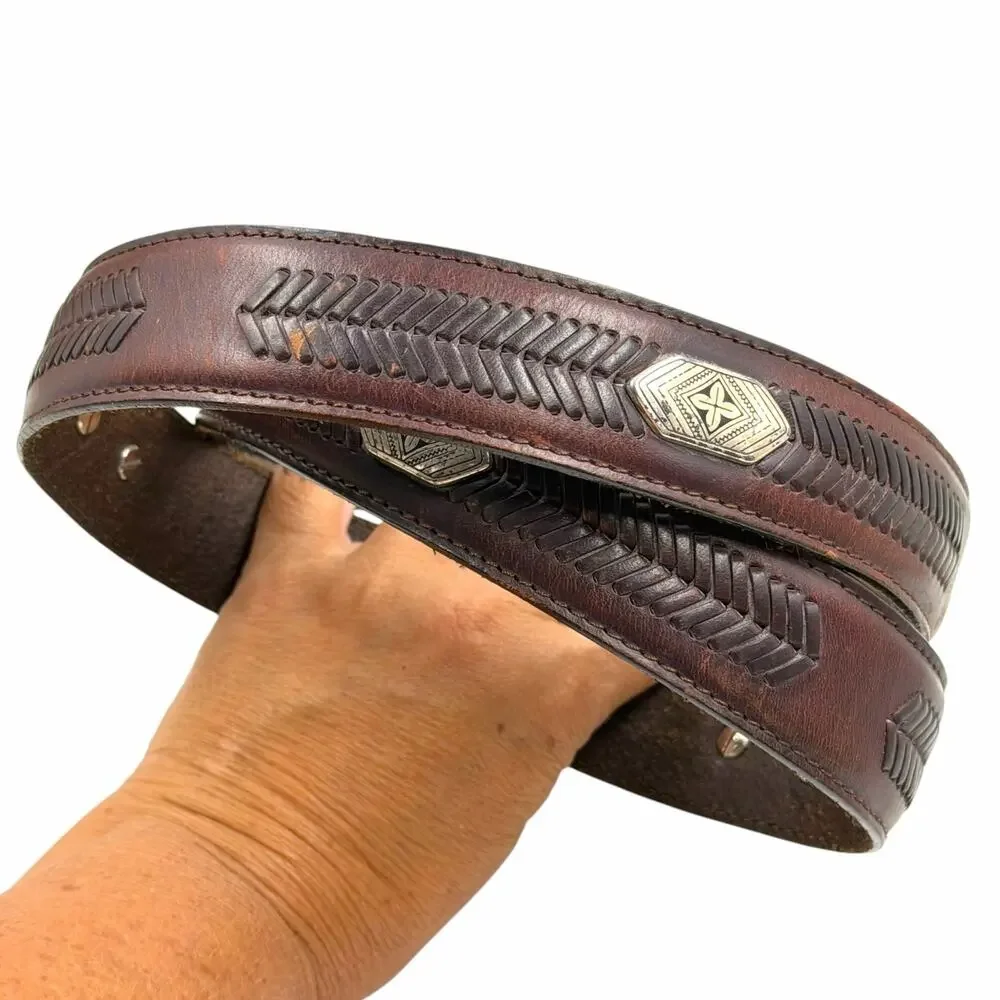 VTG Onyx by Brighton Brown Leather Dress Belt Silver Hardware Men Size 36 Y2K